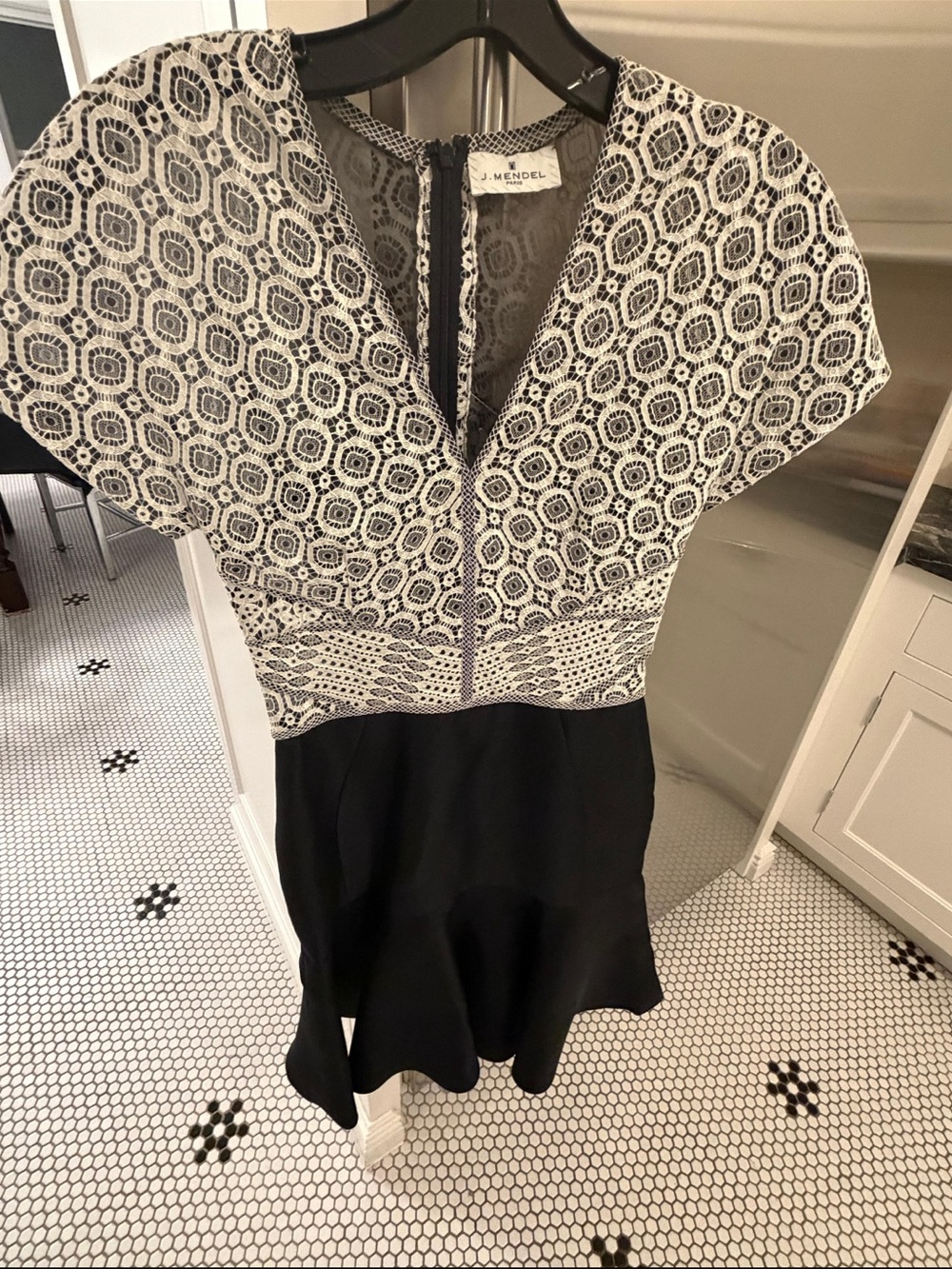 J. Mendel Black and White Lace-Pattern V-Neck Fit-and-Flare Tunic